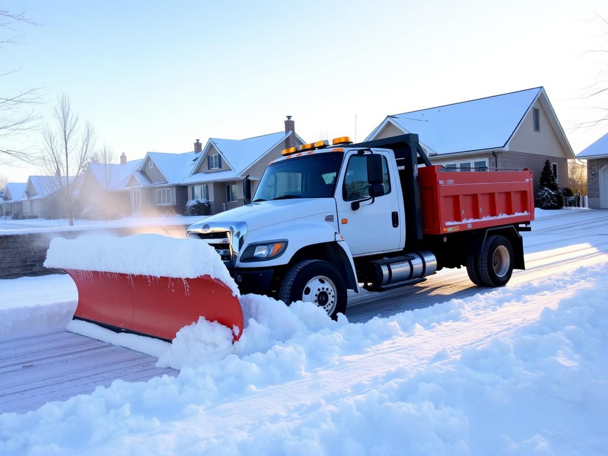 Snow plow clearing residential driveway
